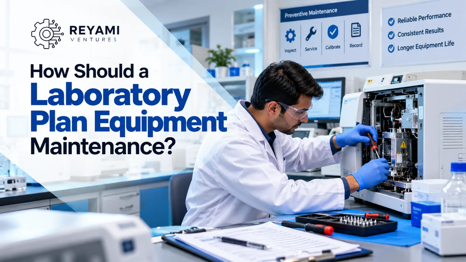 Laboratory technician checking an instrument as part of an equipment maintenance routine