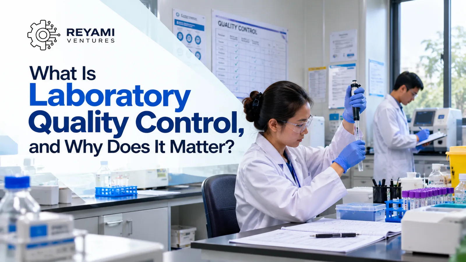 Laboratory professional reviewing quality control records beside testing equipment