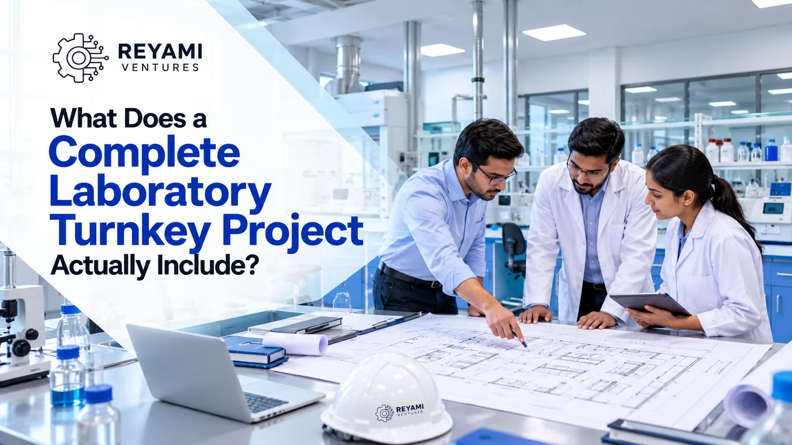 Laboratory project team reviewing a laboratory layout, equipment plan and workbench requirements